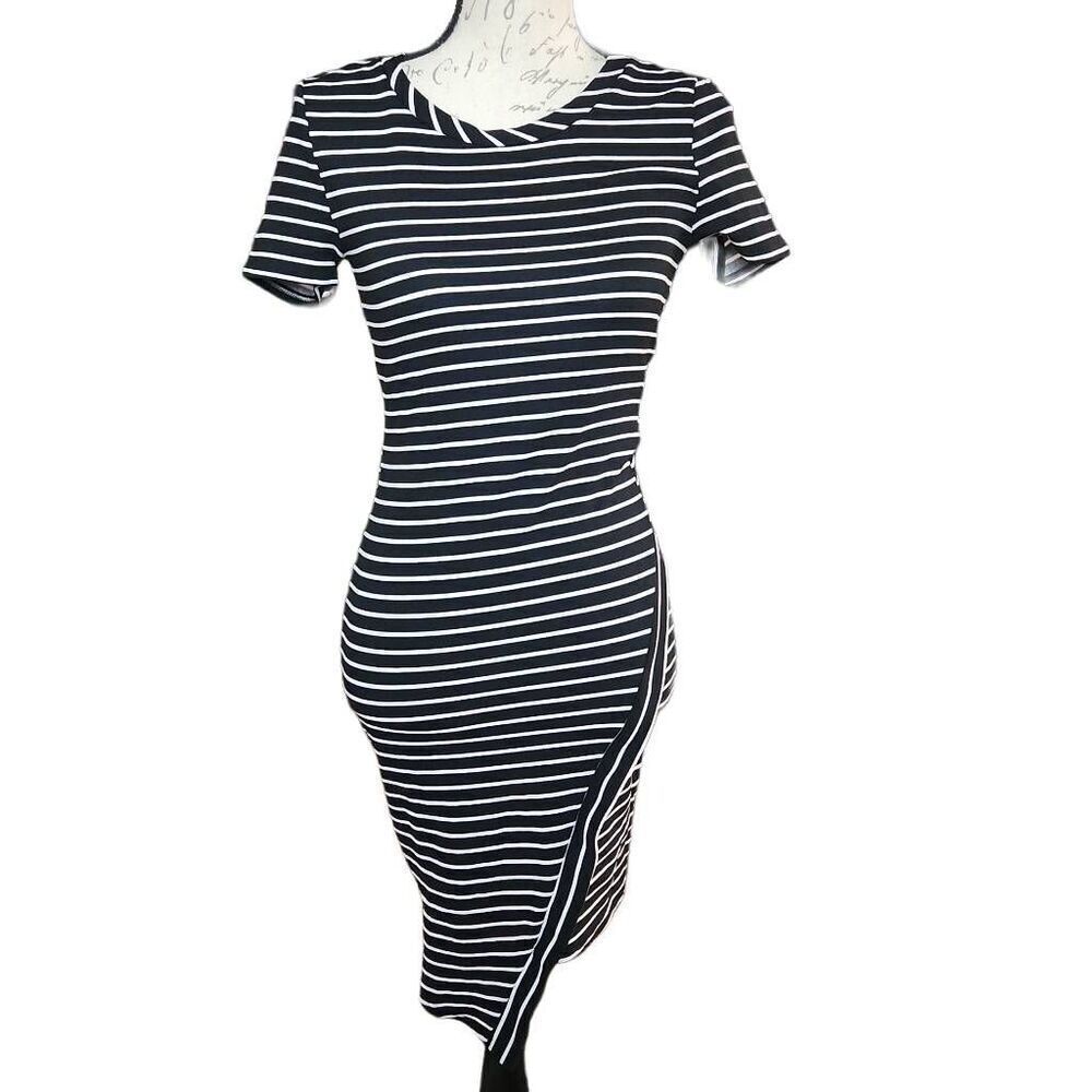 KToo Women's Size Medium Black White Striped Wrap Style Short Sleeve Dress